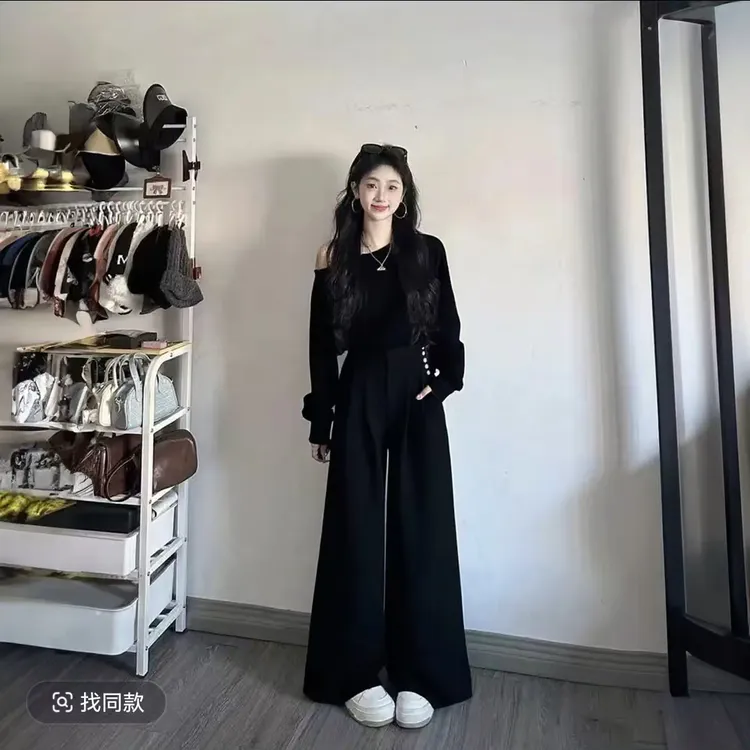 韩系氛围感灰色休闲运动套装女秋季短款收腰斜肩上衣阔腿裤两件套