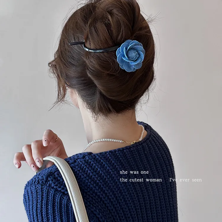 蓝色牛仔花朵扭扭夹发夹女后脑勺发卡夹子头饰盘发抓夹一字夹发饰