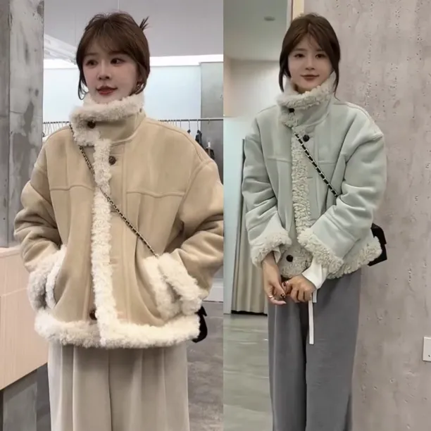 韩系皮毛一体短款加绒麂皮绒外套女2025秋冬季时尚洋气保暖上衣潮