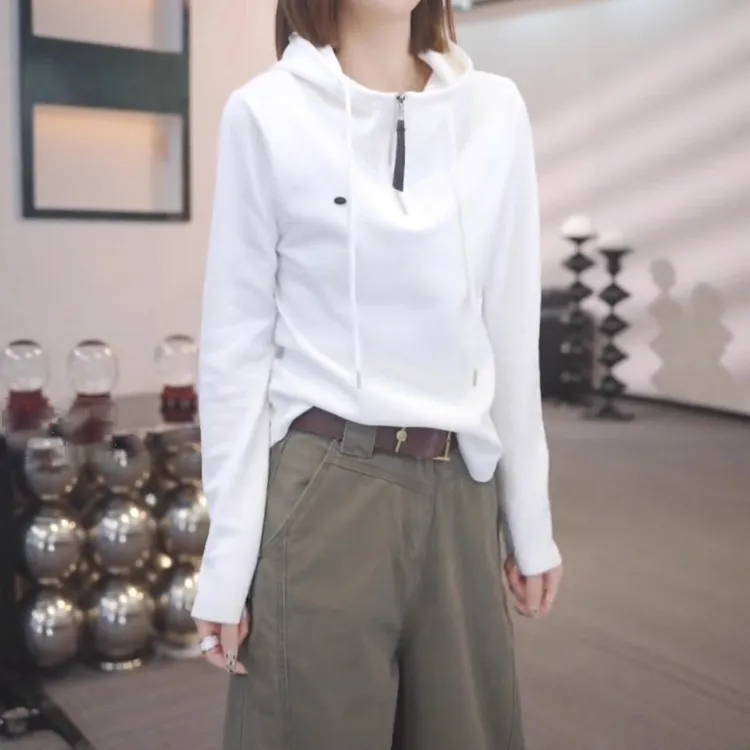 胖MM时尚休闲宽松打底上衣女2025秋季气质纯色半拉链连帽长袖卫衣