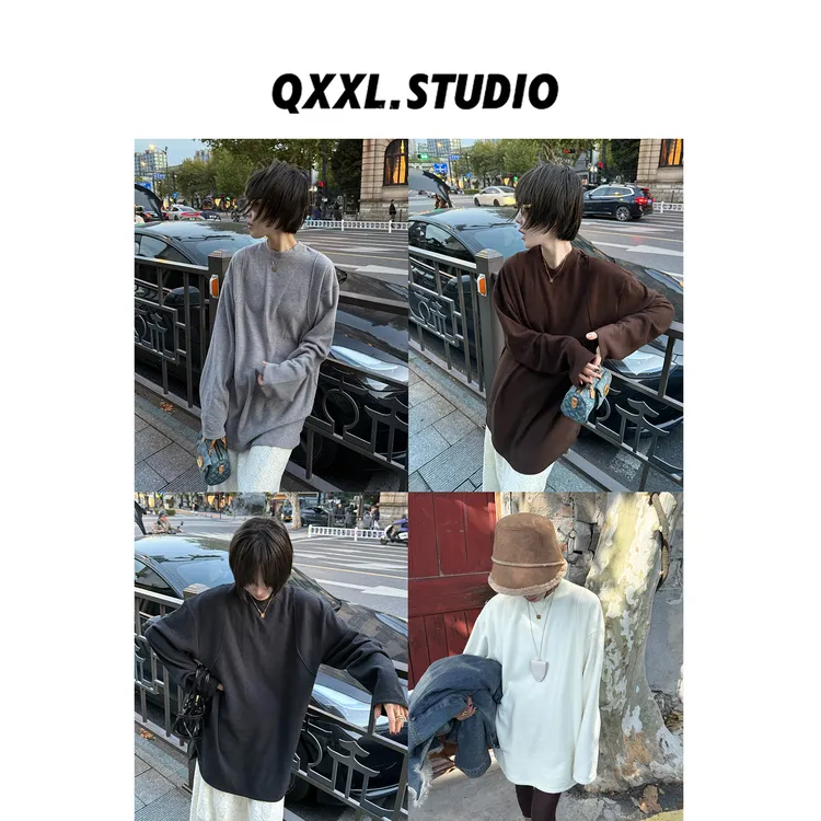 邱小小丽呀 冬季新款纯色慵懒风德绒T恤女百搭显瘦中长款打底上衣