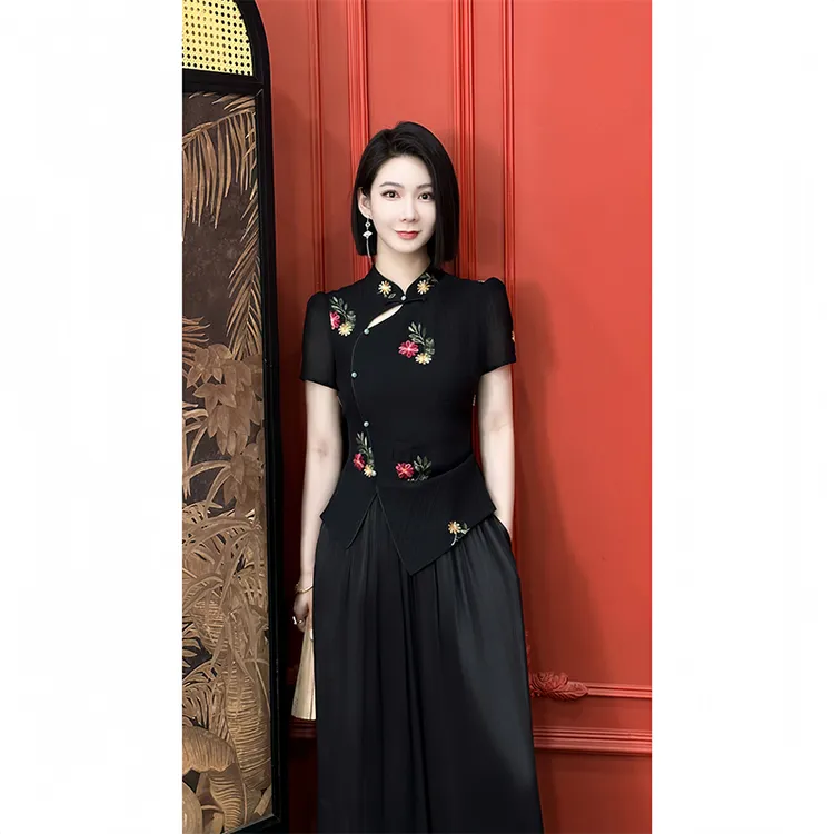 格娜新款气质新中式绣花夏季黑色复古优雅立领修身显瘦女衬衫