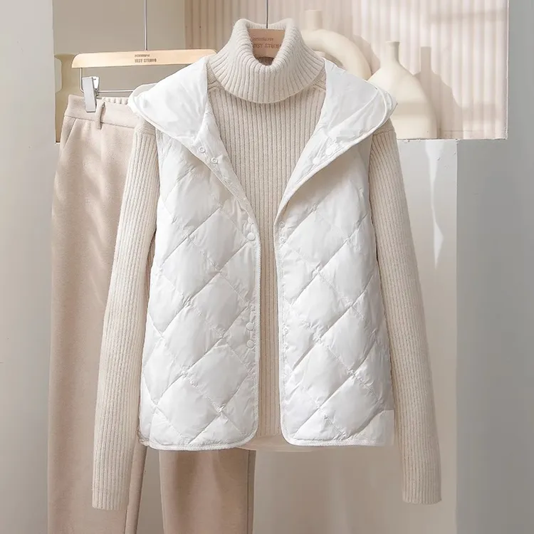 白色带帽棉服马夹女士春秋外穿轻薄棉衣冬季大衣内搭夹棉马甲内胆