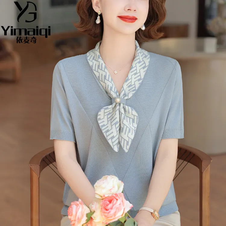 妈妈夏装洋气蝴蝶结翻领短袖针织衫中老年女夏季时尚纯色薄款上衣