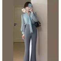 【两件套】飘带衬衫时尚气质显瘦慵懒风女通勤气质上衣+裤子D3622