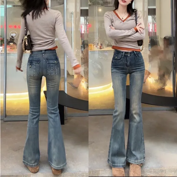 复古色美式秋冬简约口袋风修身收腰做旧喇叭裤牛仔裤