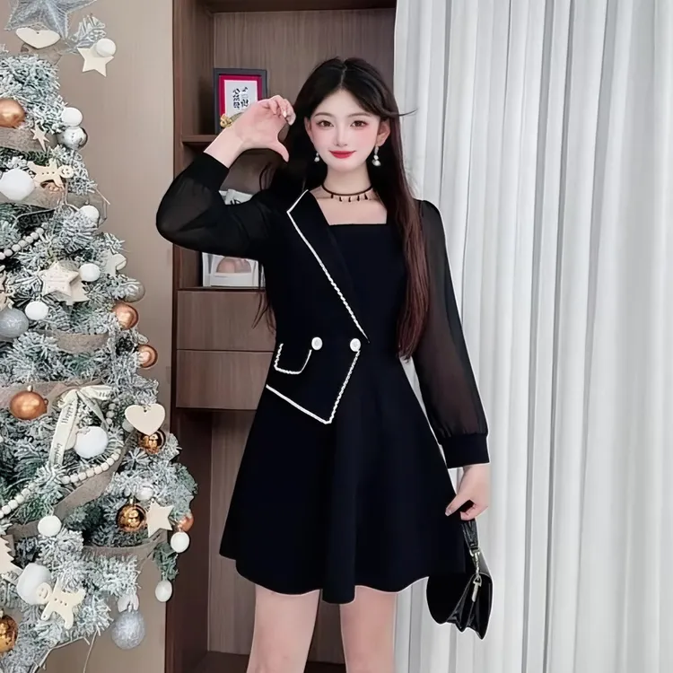 3725气质连衣裙设计感秋冬新款高级感藏肉显瘦收腰洋气大码连衣裙