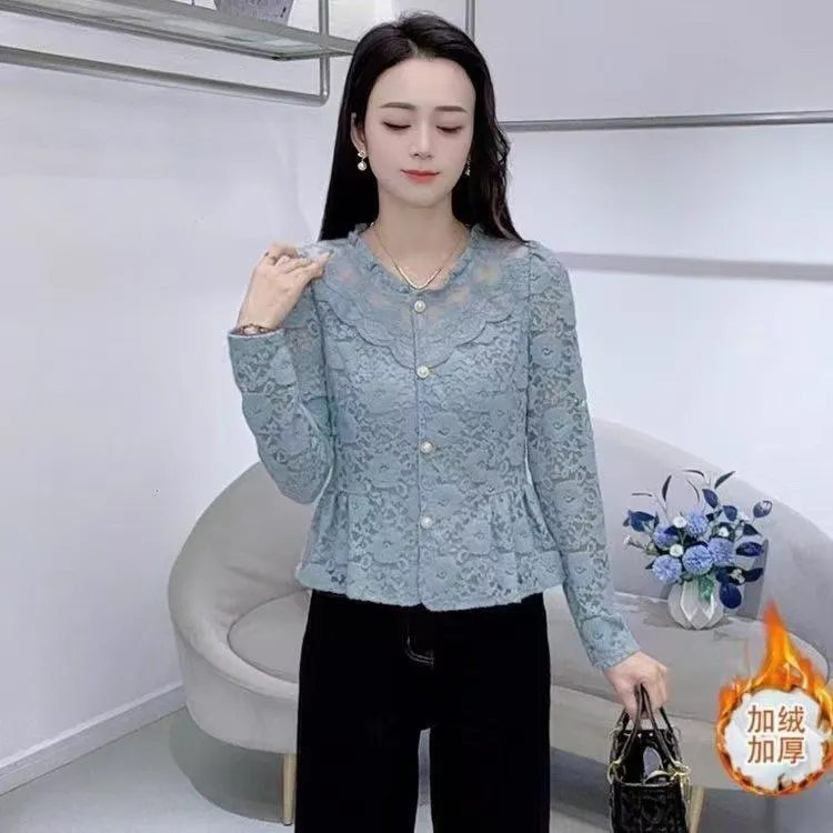  时尚蕾丝套头衬衫女秋冬新款洋气质减龄上衣修身显瘦内搭打底衫