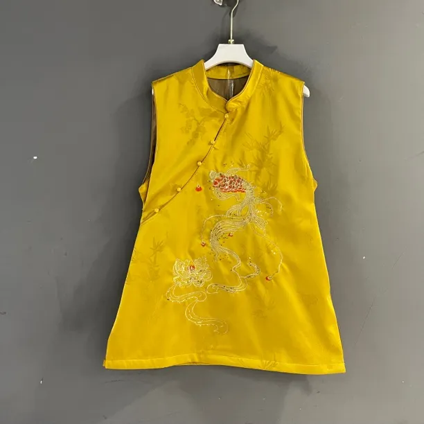 新中式后背刺绣锦鲤图案中长款无袖国风上衣