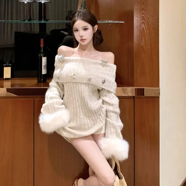 韩系高级感超好看一字肩宽松毛衣御姐风气质小众不撞款上衣25秋季