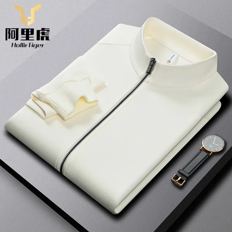 2025款秋冬季重磅厚款拉链开衫男士立领长袖t恤商务休闲外套夹克