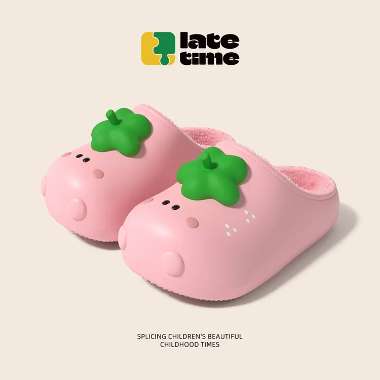 可爱草莓儿童棉拖鞋女童冬季居家保暖防水防滑外穿毛绒亲子拖鞋男