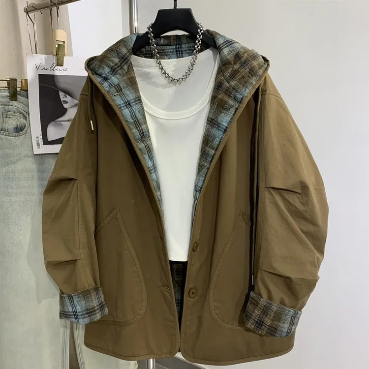 纯色格子拼接棉服女2025新款宽松休闲大版时尚设计感连帽棉衣外套