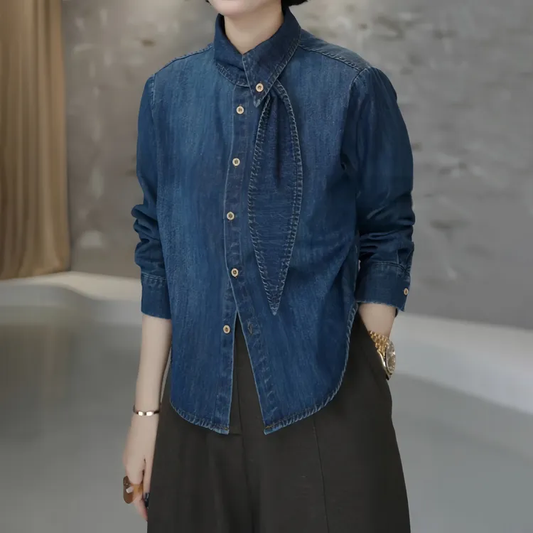复古飘带翻领衬衫2025冬季新款设计感单排扣时尚气质牛仔衬衫上衣