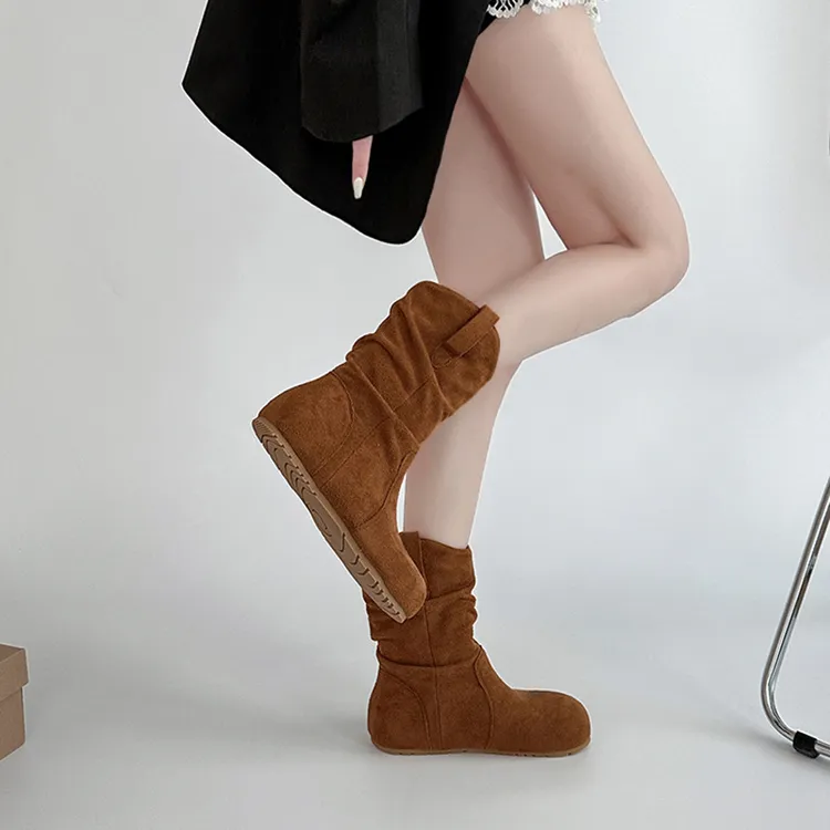 时尚百搭复古堆堆靴踝靴女士马丁靴秋冬纯色新款绒面小个子短靴子