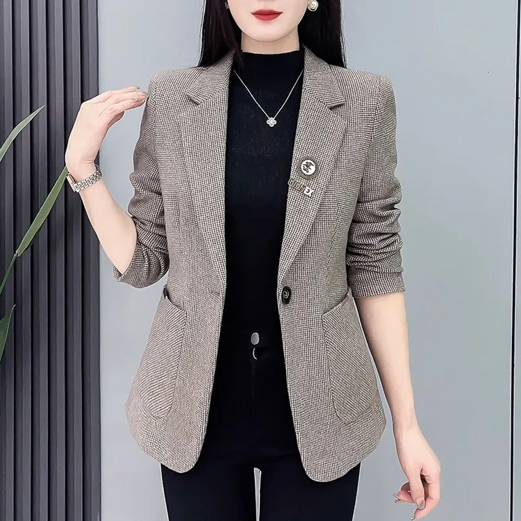 拉夏贝尔小香风外套2025春秋季韩版爆款格子亮片千鸟格西服短外套