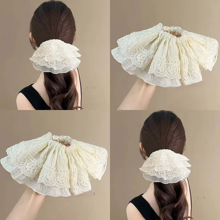 裙摆小蛋糕~温柔蕾丝大肠发圈超大号双层荷叶边丸子头绳旅行配饰 