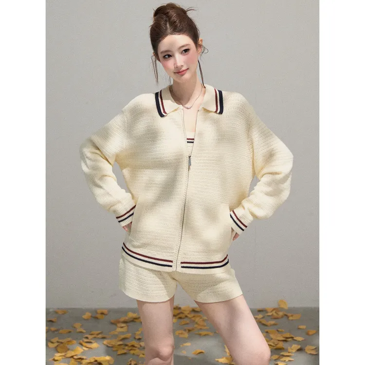【谢不肉】撞色翻领拉链针织外套女秋内搭背心条纹短裤套装50384