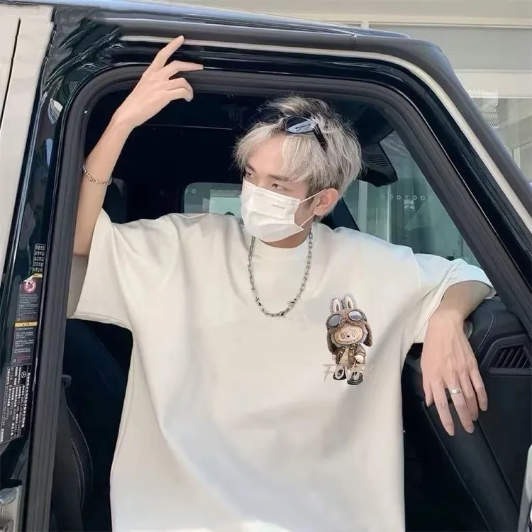 100%纯棉重榜短袖T恤男女潮流拉布布卡通周边玩偶宽松情侣t恤上衣