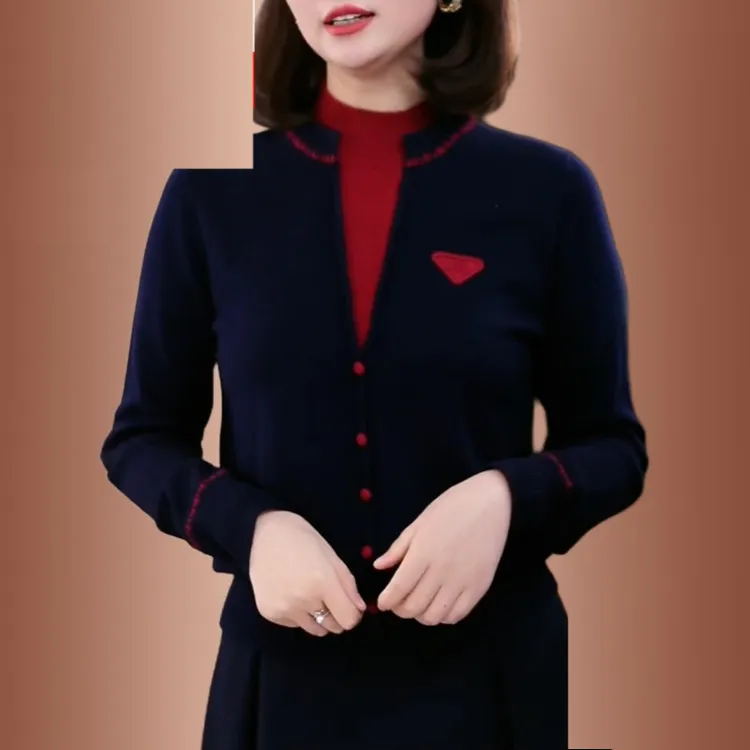 时尚百搭显年轻撞色拼接羊毛假两件针织衫女2025秋冬新款毛衣上衣