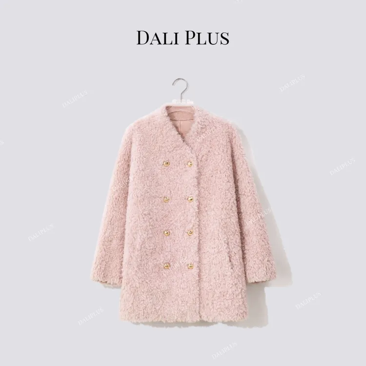 DALI PLUS“粉色颗粒毛100绵羊毛”中长款立领双排扣外套-D5MM2655