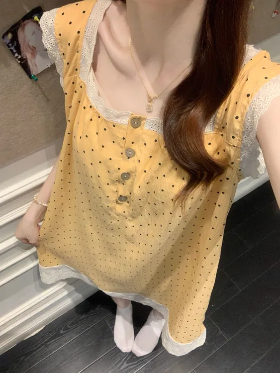 夏季带胸垫吊带背心睡裙韩版甜美蕾丝云朵棉公主风睡衣家居服外穿