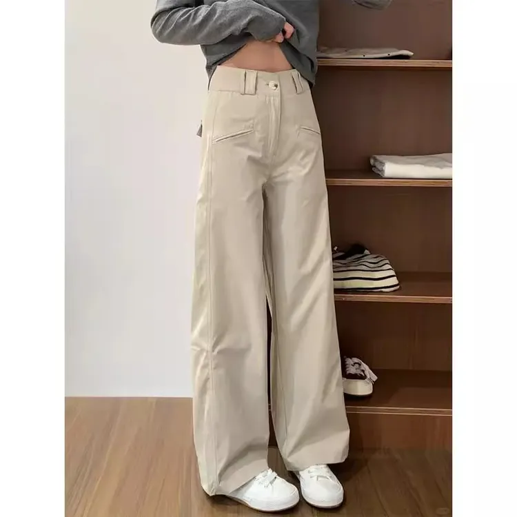 春季高腰休闲裤春秋宽松阔腿裤黄色窄版直筒裤长裤秋季复古拖地
