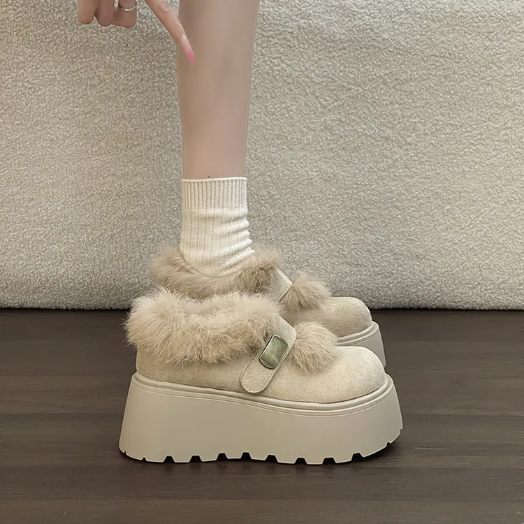 OJRZ一字扣厚底增高长毛绒勃肯鞋女2025冬季百搭保暖毛毛鞋配裙子