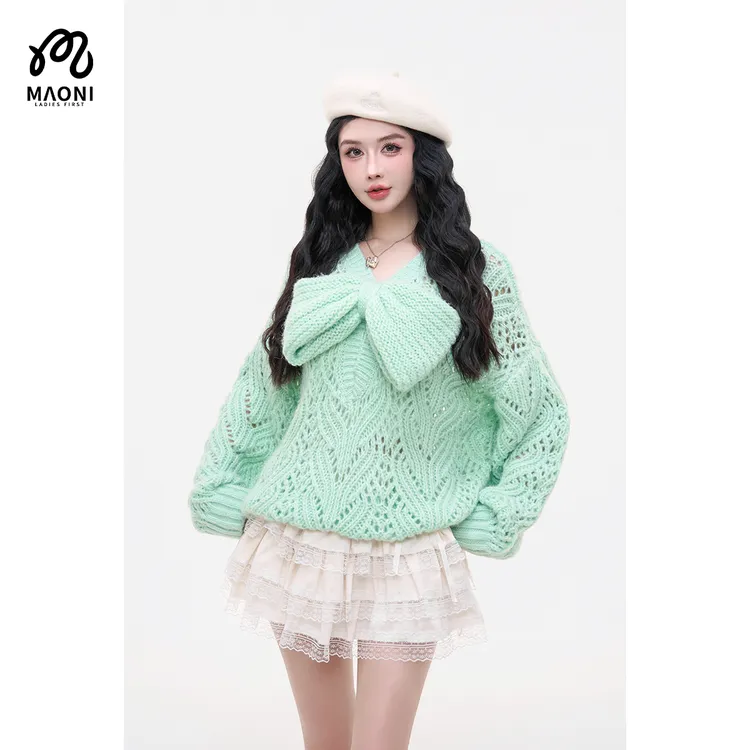 毛妮LADIESFIRST【柔纱薄荷】镂空设计甜美女毛衣蝴蝶结可拆卸L2498