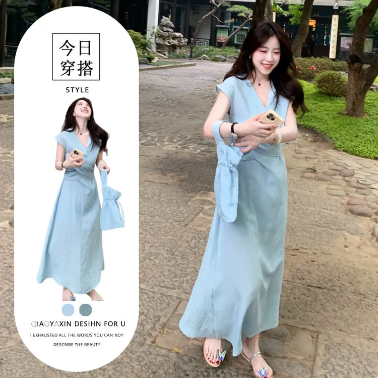 2025夏季新款韩系简约百搭气质温柔风设计感小众交叉绑带连衣裙女