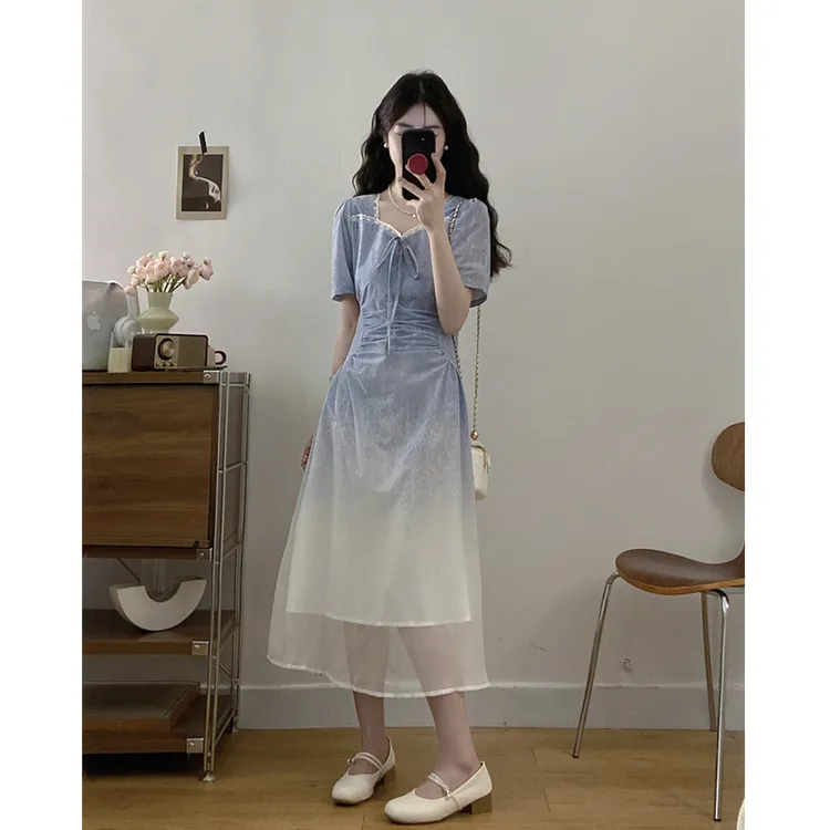 大码【蒲月少女】夏季新款法式方领连衣裙收腰显瘦渐变款短袖a字裙