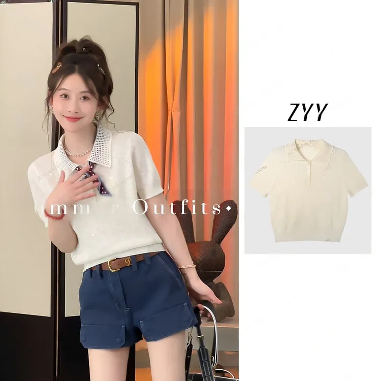 ZYY【轻舞和风】2025S/S新品POLO领设计感韩系针织T恤女X25CZZ0154