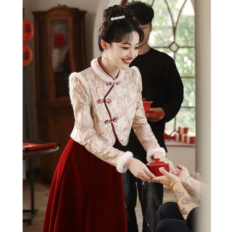 中式敬酒服新娘旗袍冬季加绒加厚结婚订婚丝绒秀禾服高级感女冬季