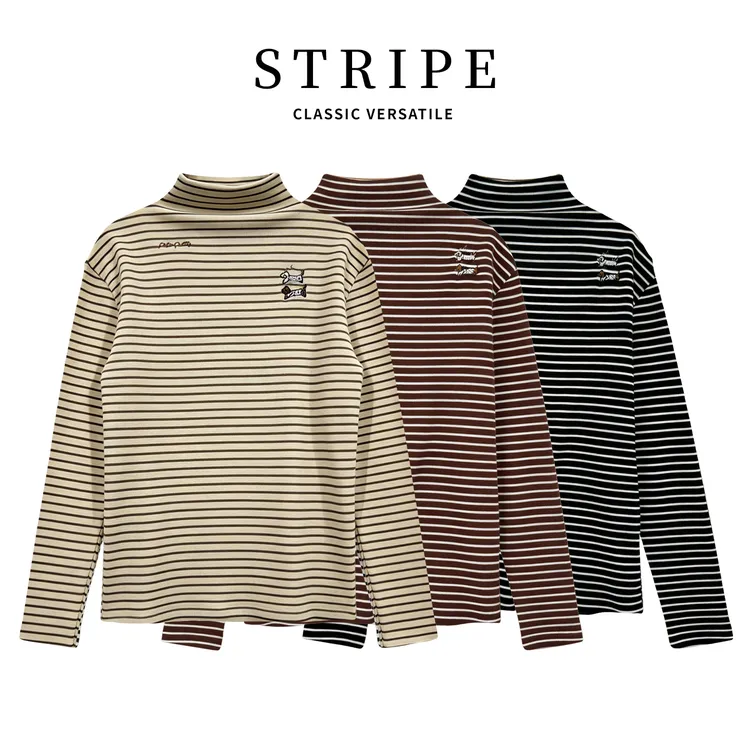 【黄小西】A558冬季加厚刺绣小狗条纹T恤半高领长袖女士保暖休闲t恤