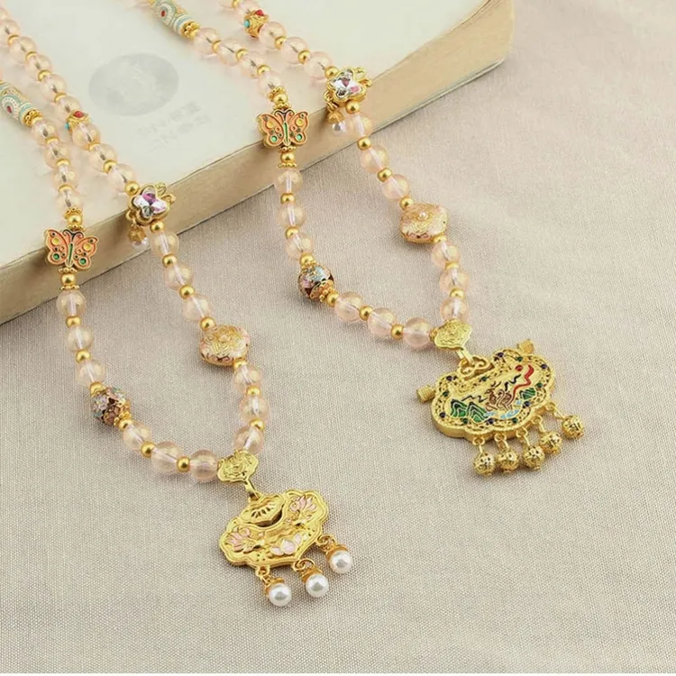 合金玻璃项链 古法锦鲤如意锁项链百搭新中式国风毛衣链旗袍配饰