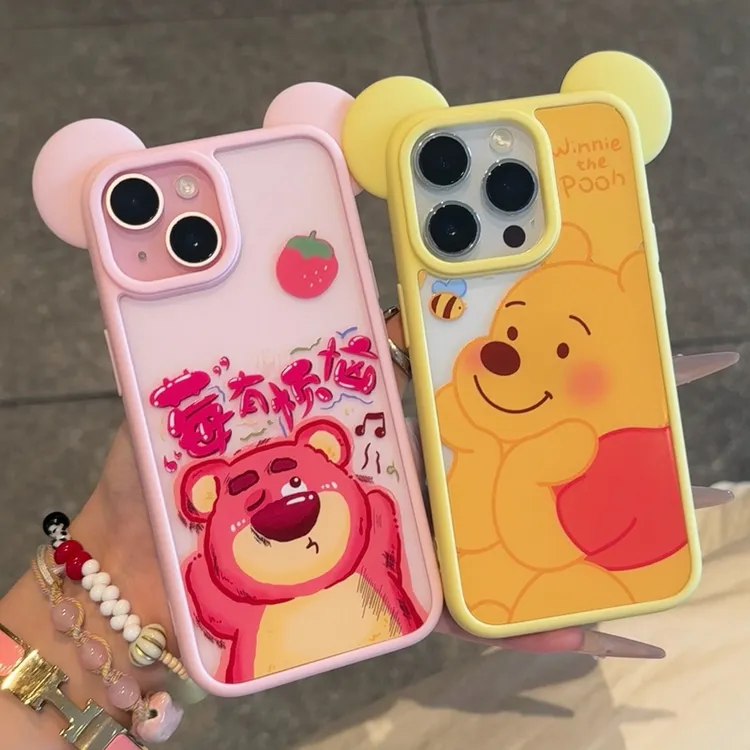 维尼草莓熊耳朵适用苹果16promax手机壳iPhone15透明14软13套12女