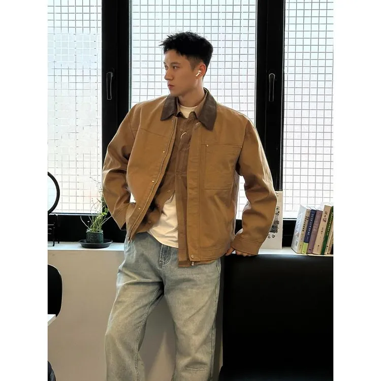 卡其色巴恩风外套男款初秋穿搭美式工装短款上衣纯棉拼接翻领夹克