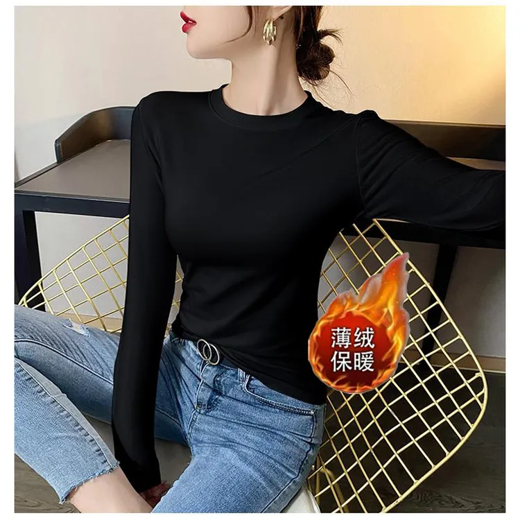 上衣设计感小众女装长袖套头T恤秋冬季百搭别致薄绒修身打底衫ins