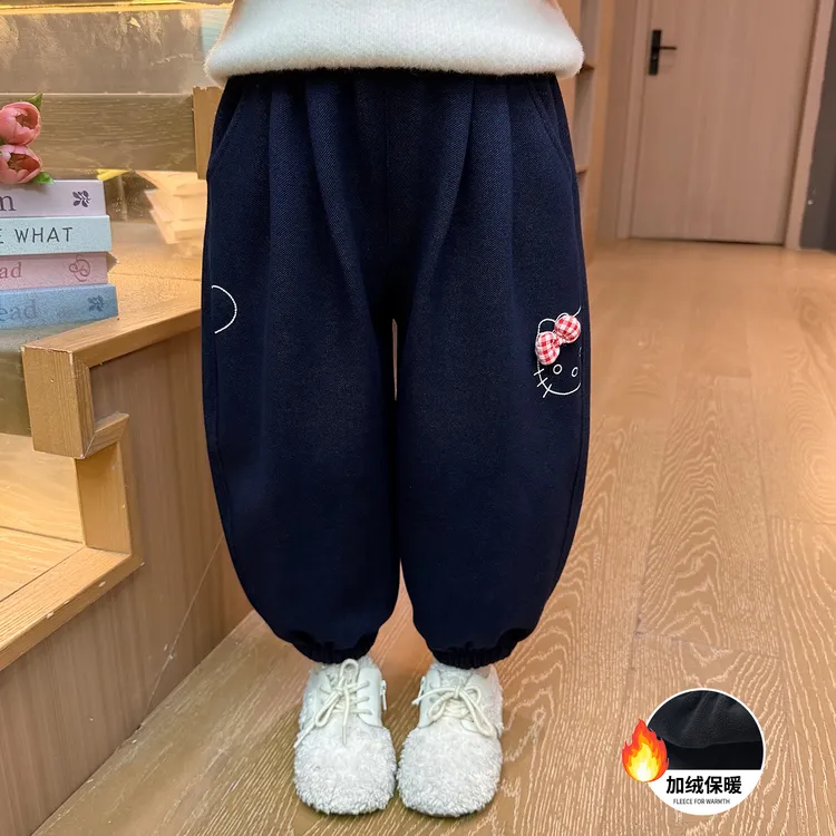 女童加绒仿牛仔裤子加厚一体绒儿童灯笼卫裤宝宝休闲裤女孩秋冬装