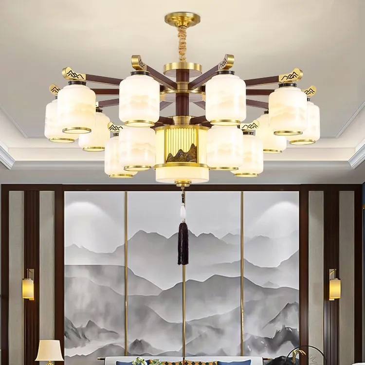 全铜实木千里江山朝下款客厅别墅自建房大吊灯餐厅卧室吊灯