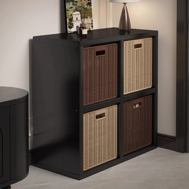 黑色实木格子柜书架家用收纳柜卡莱克落地置物书柜储物柜一体靠墙