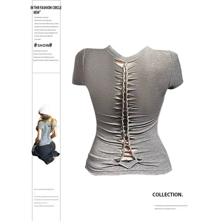 夏季新款后背独特镂空设计正肩短袖T恤女收腰显瘦上衣