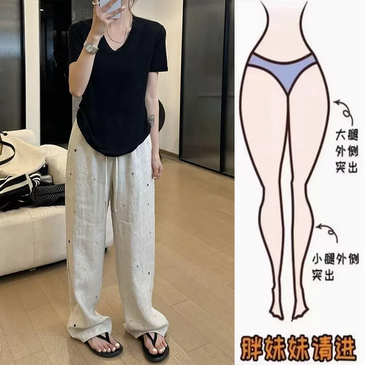韩系刺绣垂感新款气质减龄休闲裤阔腿裤女2025年春夏宽松显瘦长裤