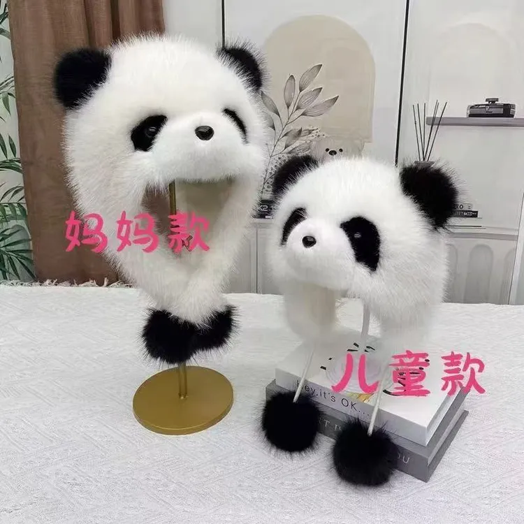 秋冬新款仿狐狸毛可爱熊猫帽亲子款帽子加厚保暖大头围护耳帽F423
