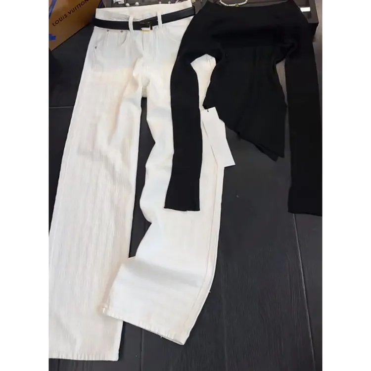 休闲百搭气质简约休闲长袖T恤上衣高腰修身显瘦宽松阔腿裤长裤女