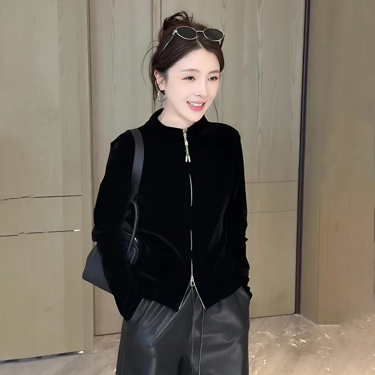 黑色立领双拉链丝绒卫衣外套女2025新款早秋时尚气质显瘦短款上衣