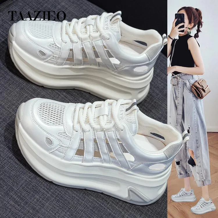 TAAZIEO镂空老爹鞋女2025新款学生爆款夏季时尚透气包头运动厚底
