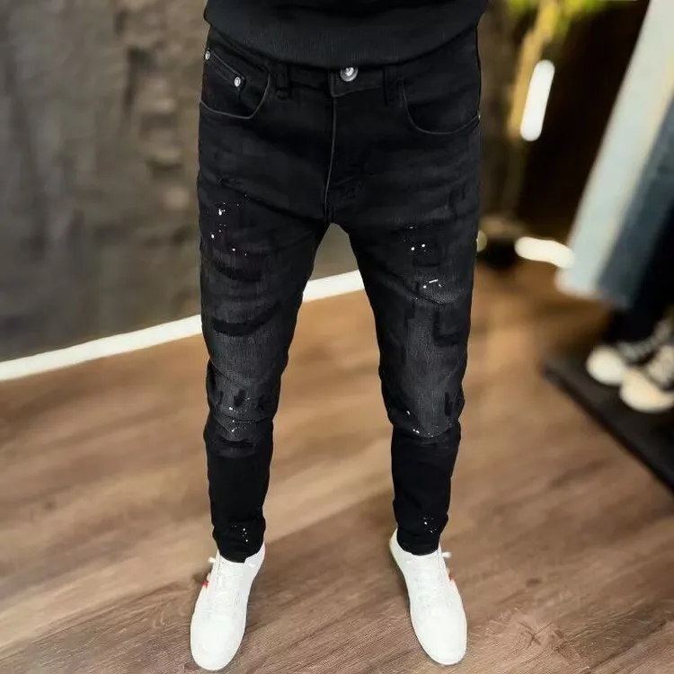 春秋款黑色破洞小脚牛仔裤男士欧版修身小脚裤弹力新款牛仔男裤