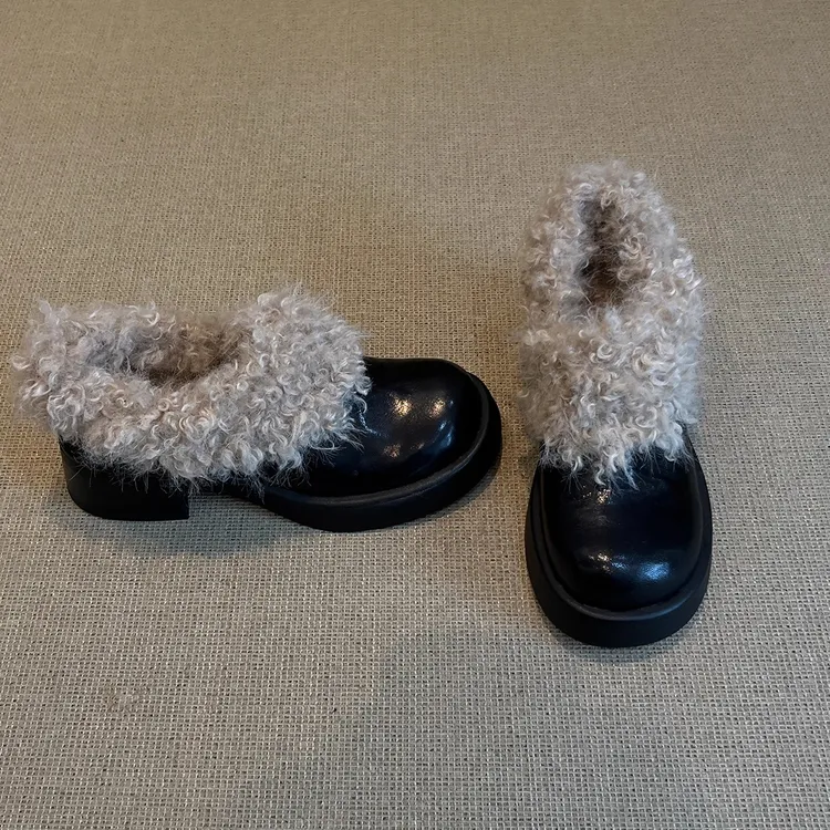 羊皮版~圆头毛毛鞋一脚蹬复古加绒保暖玛丽珍小皮鞋棉鞋粗跟单鞋