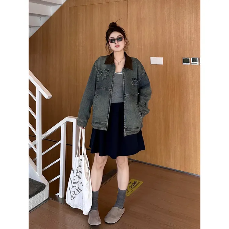 复古高街牛仔外套潮秋季新款水洗做旧潮流宽松巴恩风翻领夹克女装